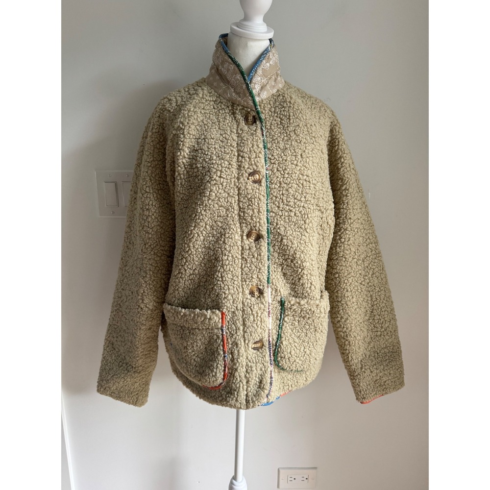 Mable Women Tan Sherpa Fleece Jacket Paisley Quilted Lining Medium